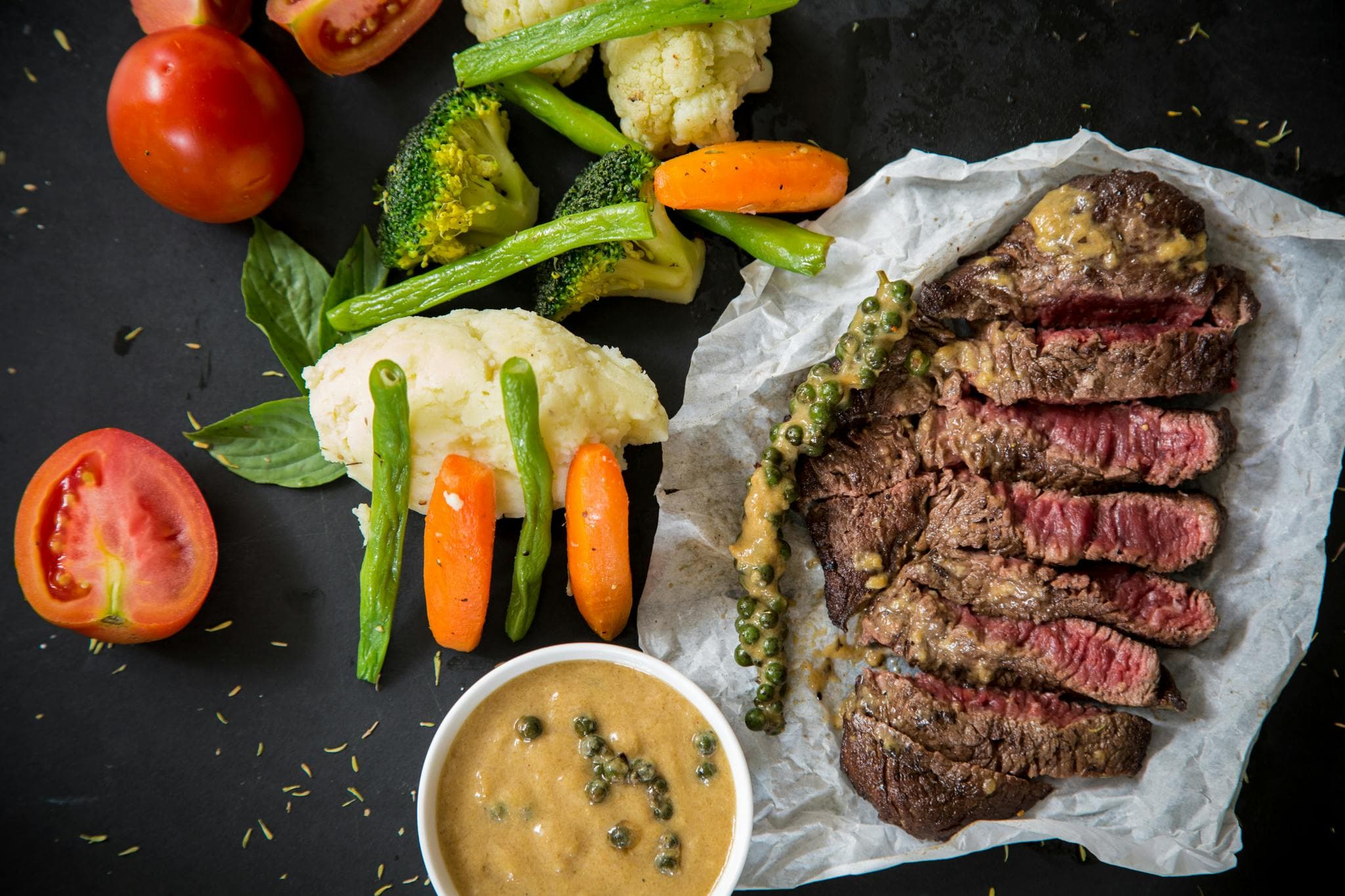 Perfectly grilled steak with roasted vegetables